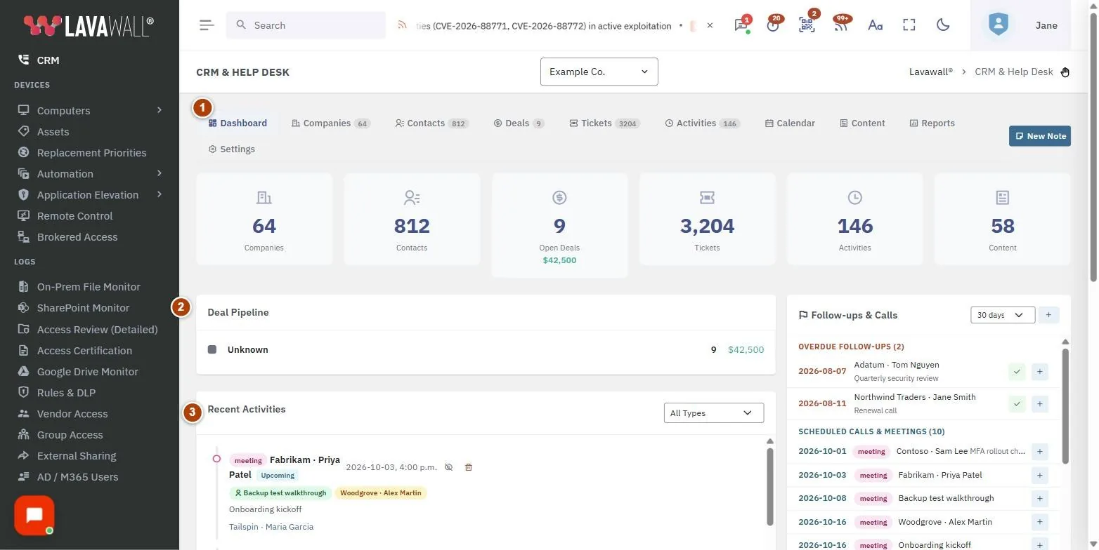 The CRM & Help Desk page, with the tabs, dashboard, companies, company view, contacts, deals, tickets and activities and reports numbered 1 to 6.