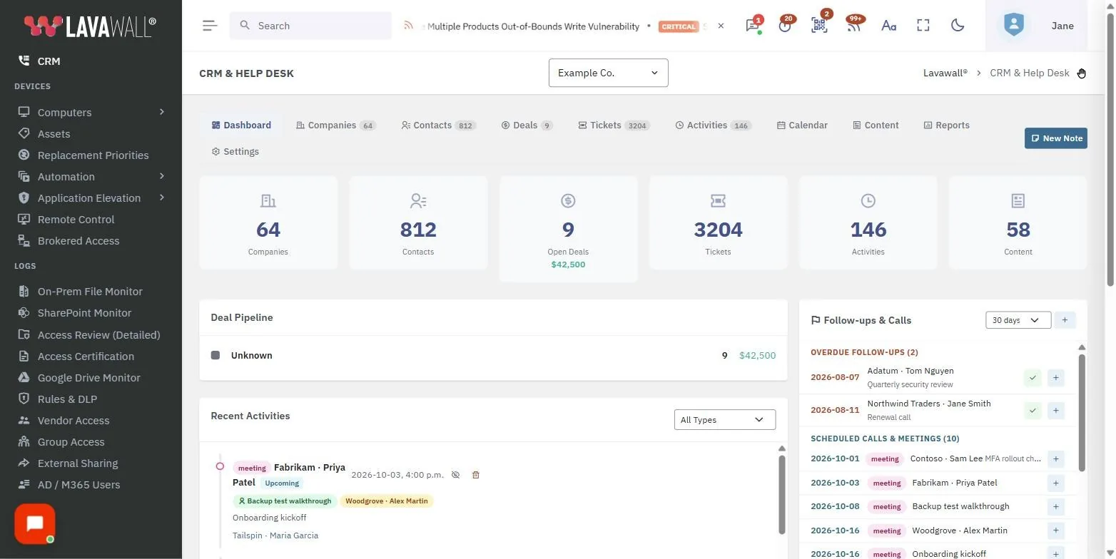 The CRM & Help Desk page in the Lavawall console, showing the tabs, dashboard, companies and company view, with example data.