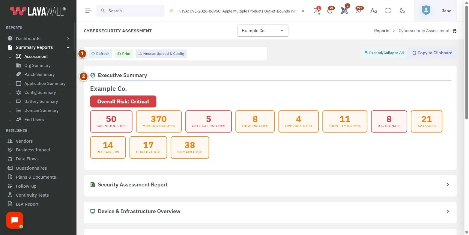 The Cybersecurity Assessment page, with the toolbar, executive summary, security assessment report, report config, finding sections and add finding numbered 1 to 6.