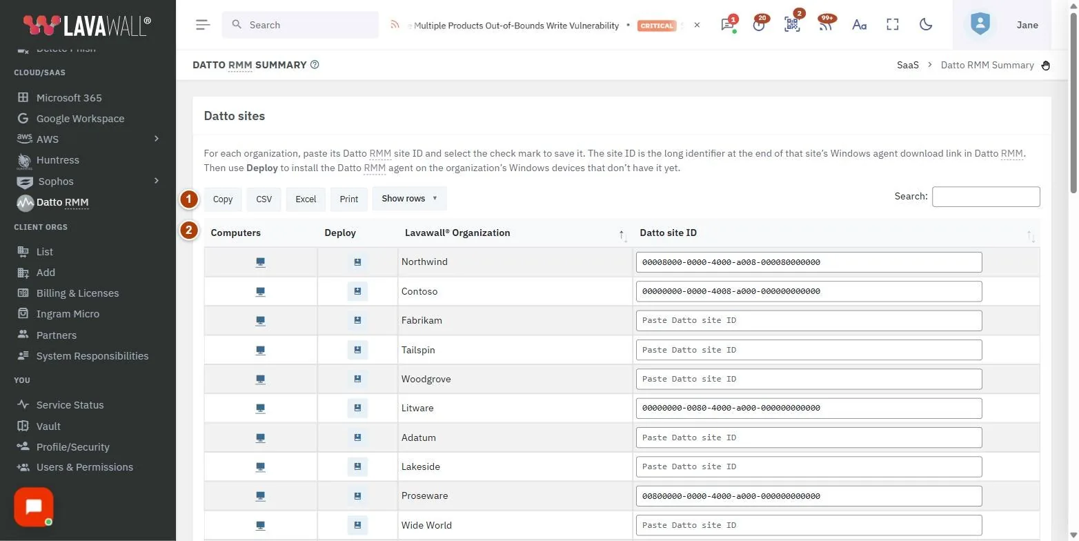 The Datto RMM Summary page, with the table tools, datto sites table and datto site guid box numbered 1 to 3.