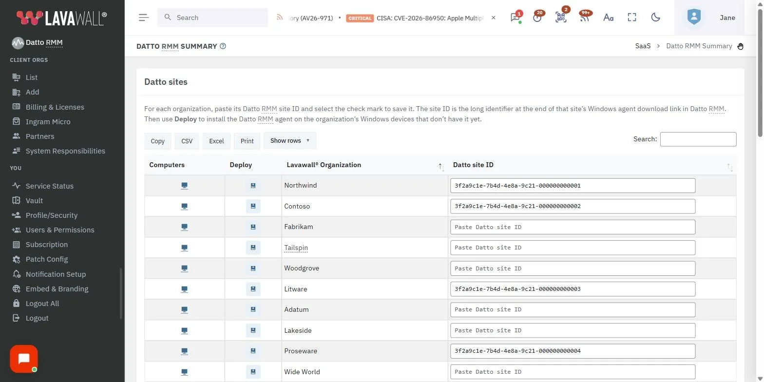 The Datto RMM Summary page in the Lavawall console, showing the table tools, datto sites table and datto site guid box, with example data.