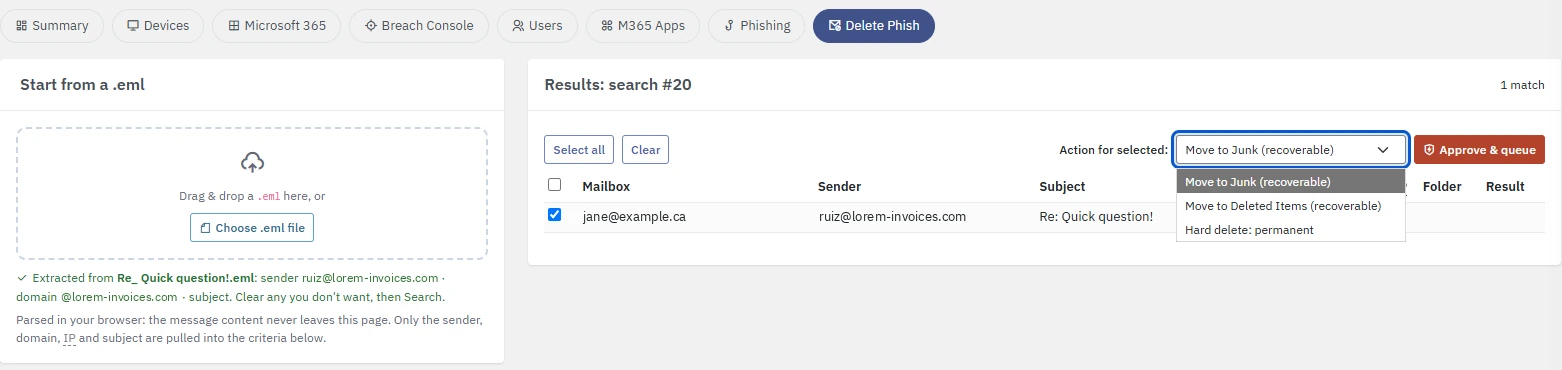 The Results panel after a search started from a .eml, with one matching message ticked and the Action for selected list open, showing Move to Junk (recoverable), Move to Deleted Items (recoverable) and Hard delete: permanent, beside Approve & queue.