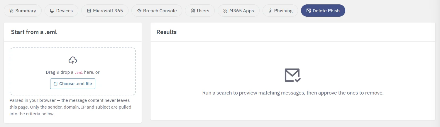 La zone Start from a .eml de la page Delete Phish, avec une zone de glisser-déposer et un bouton Choose .eml file, à côté d’un panneau Results vide.