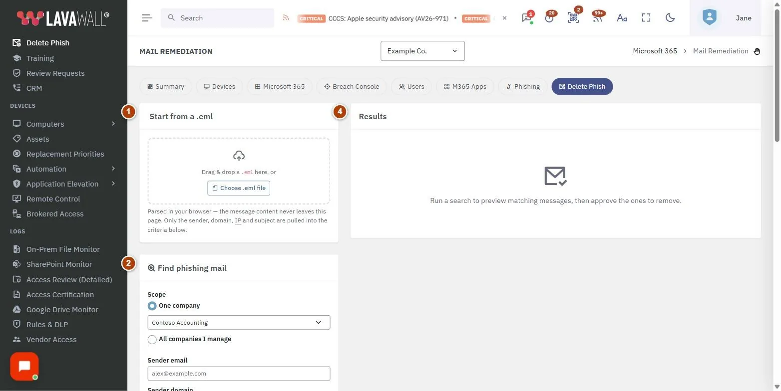 The Delete Phish page, with the start from a .eml, find phishing mail, recent searches and results numbered 1 to 4.