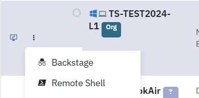La ligne d’un ordinateur dans la liste Ordinateurs, avec l’icône de bureau à distance et le menu ouvert affichant Backstage et Remote Shell.