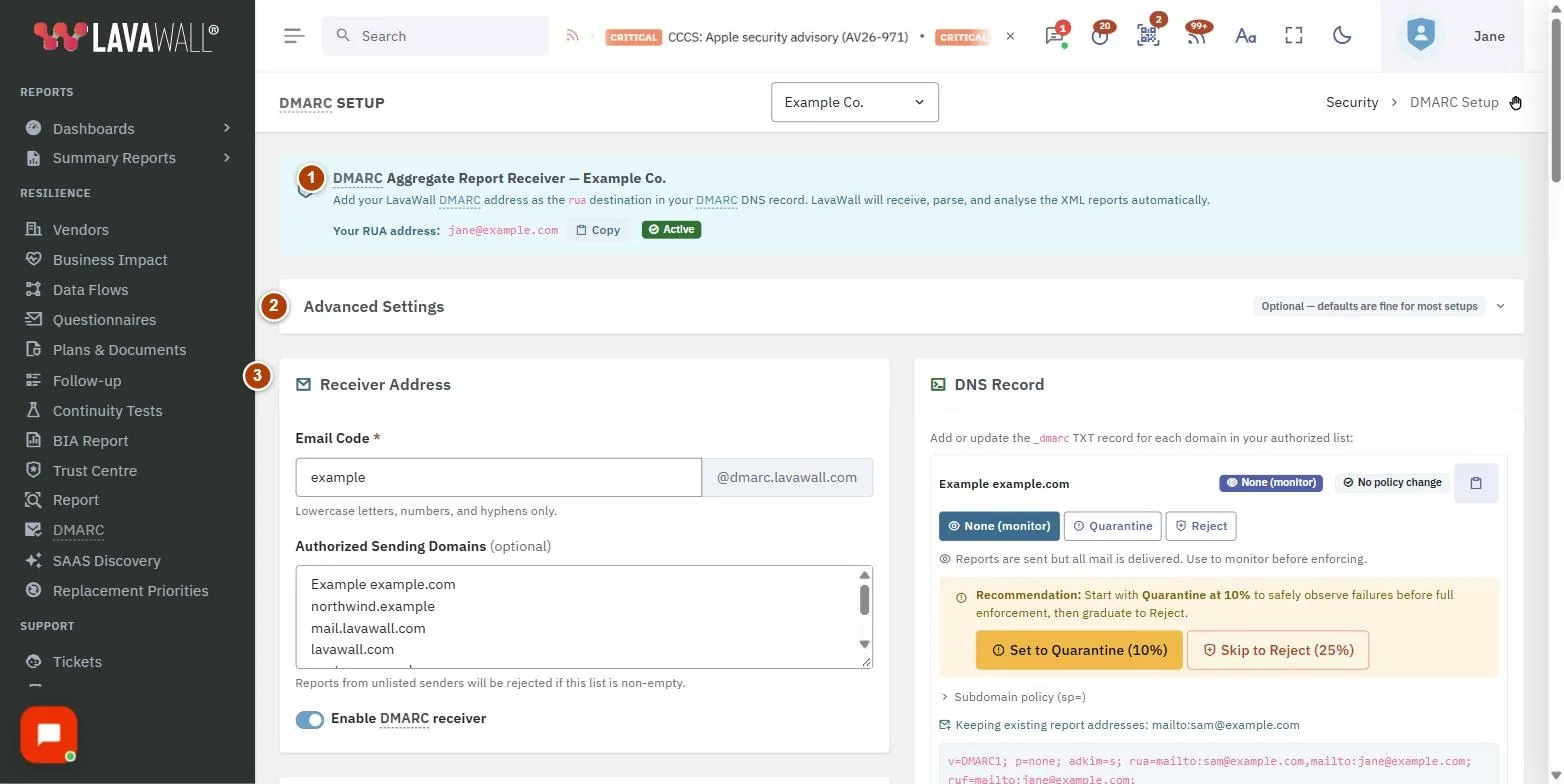 The DMARC Setup page, with the dmarc aggregate report receiver, advanced settings, receiver address, alerting, dns record and view reports numbered 1 to 6.