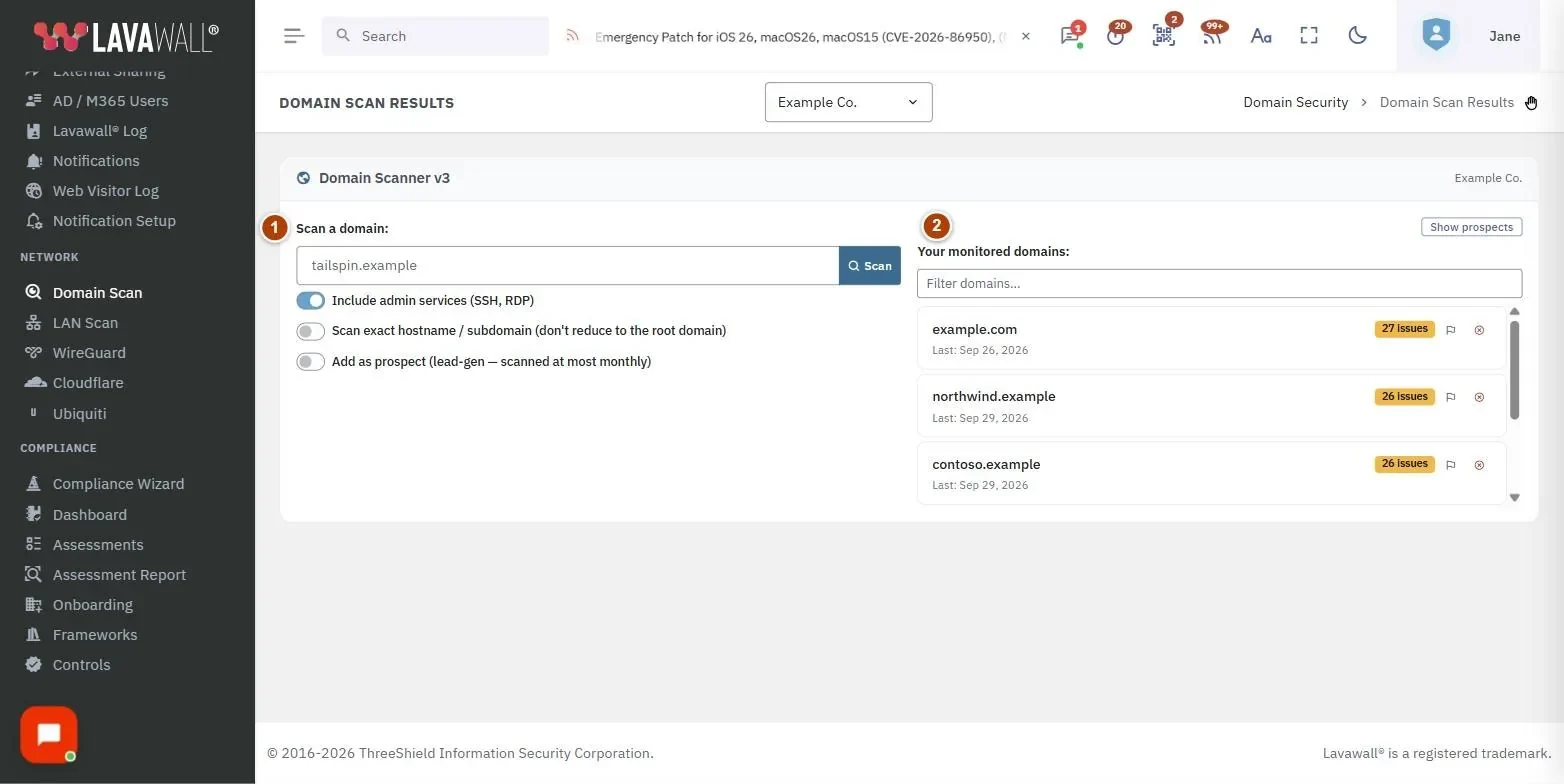 The Domain Scan Results page, with the scan a domain, your monitored domains, scan overview, findings and comparison chart and technical details numbered 1 to 5.