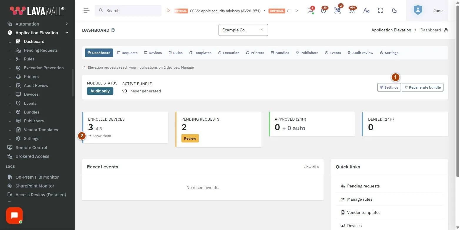 The Application Elevation Dashboard page, with the module status bar, stat tiles, administrator elevation is on, companies in this account, recent events and quick links numbered 1 to 6.