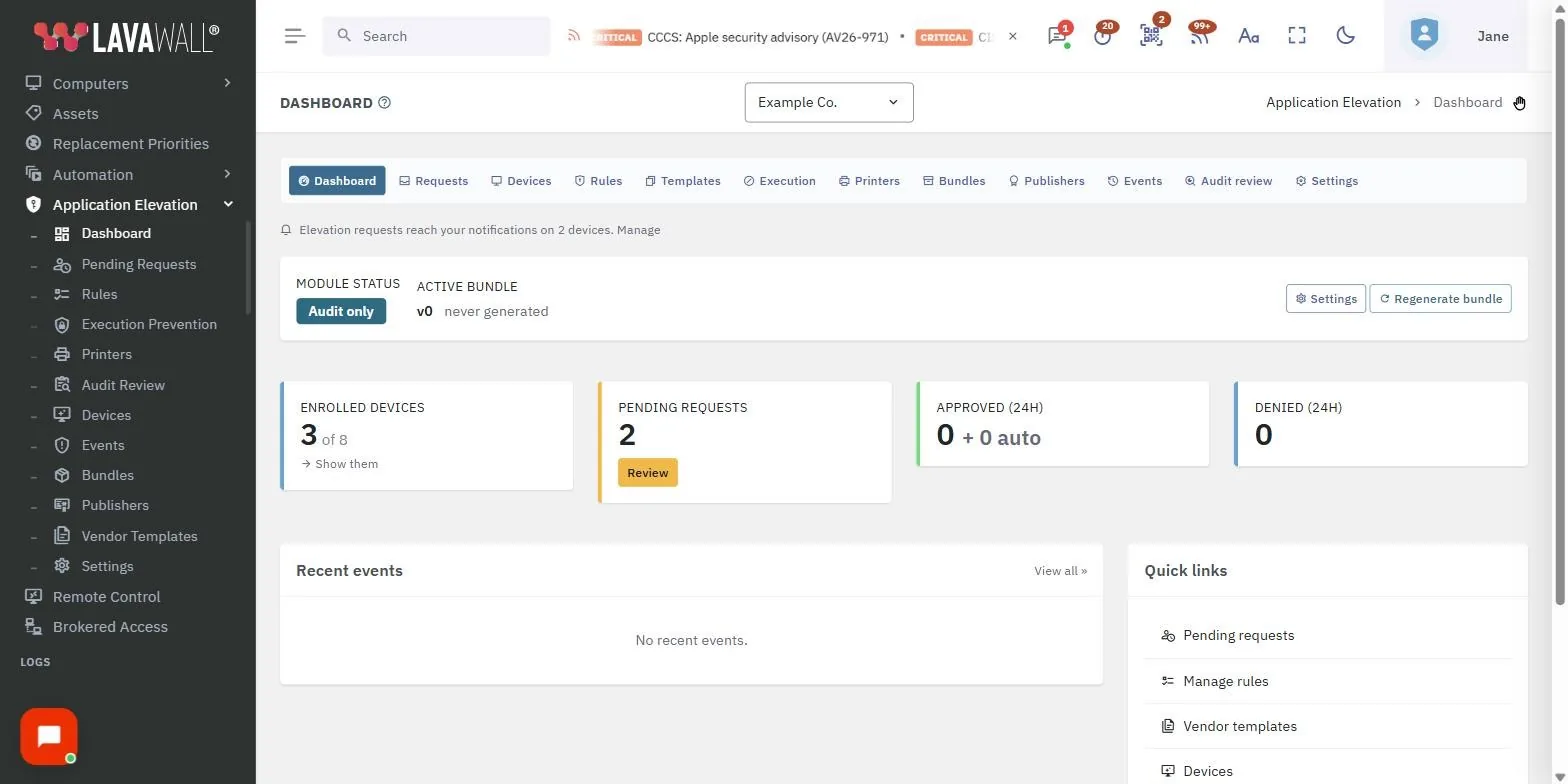 The Application Elevation Dashboard page in the Lavawall console, showing the module status bar, stat tiles, administrator elevation is on and companies in this account, with example data.