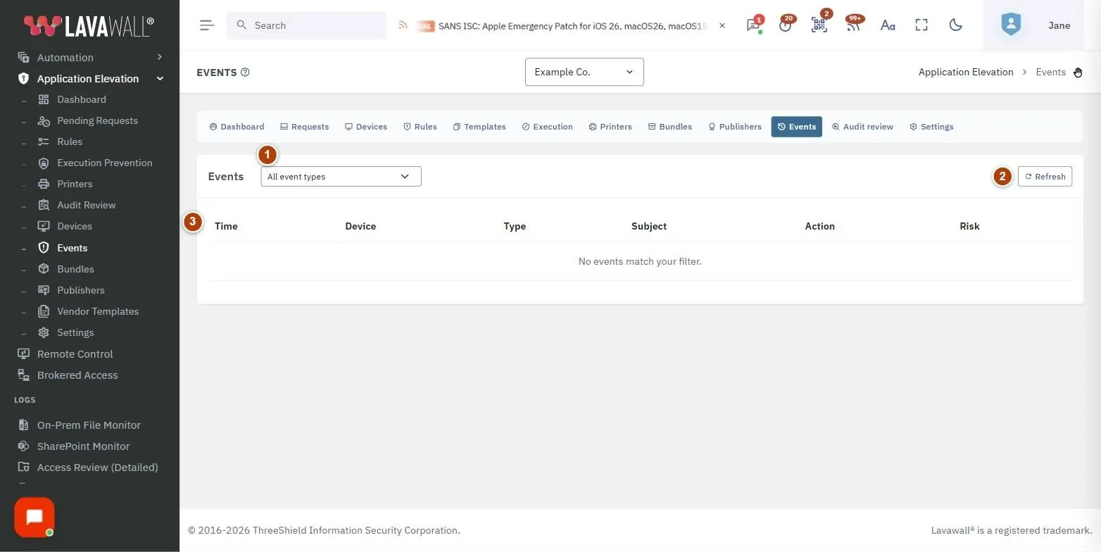 The Elevation Events page, with the event type filter, refresh and events table numbered 1 to 3.