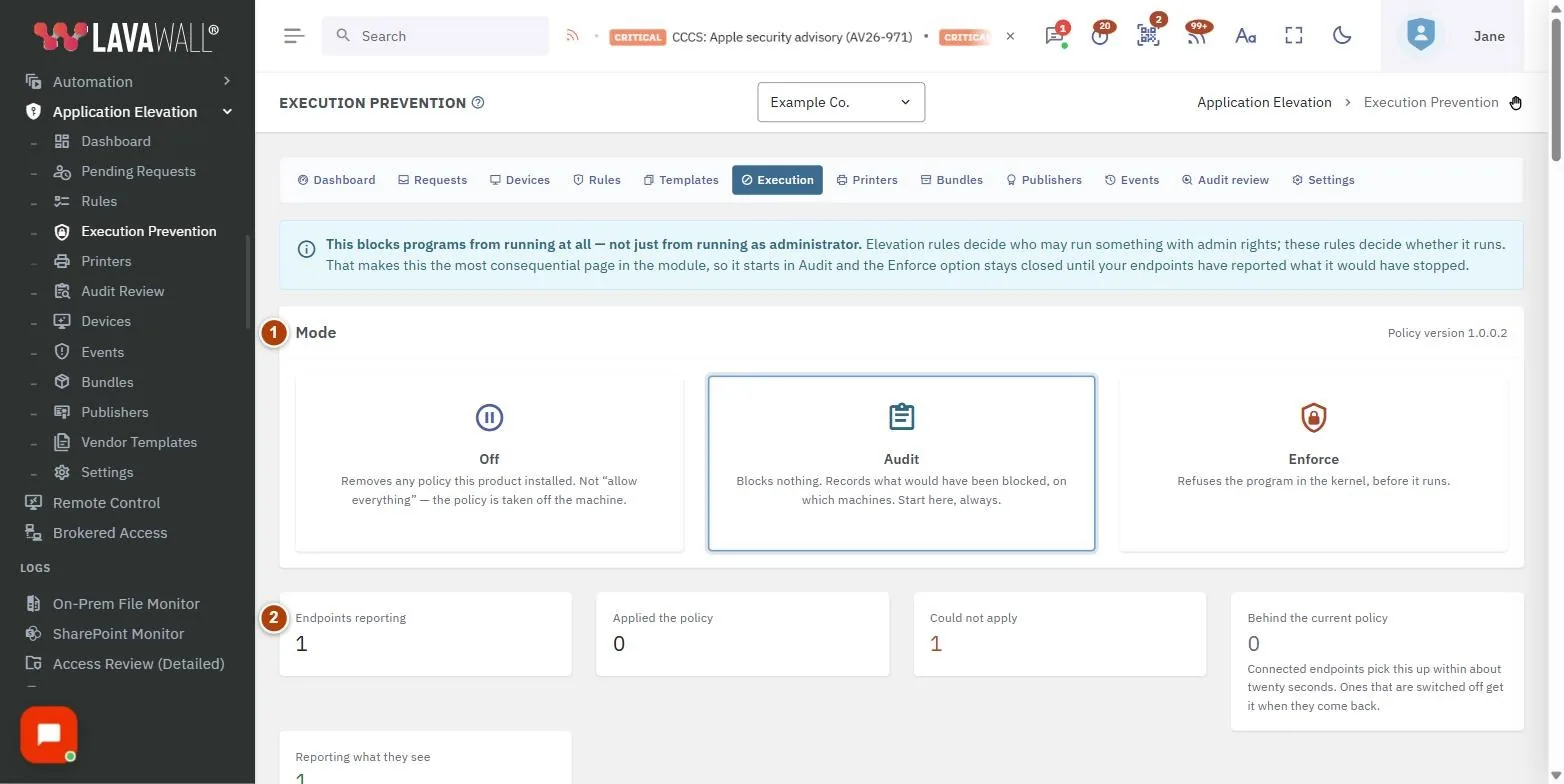 The Execution Prevention page, with the mode, fleet tiles, programs to block, turn on script enforcement, attack surface reduction, save, what this would have blocked and endpoints numbered 1 to 8.