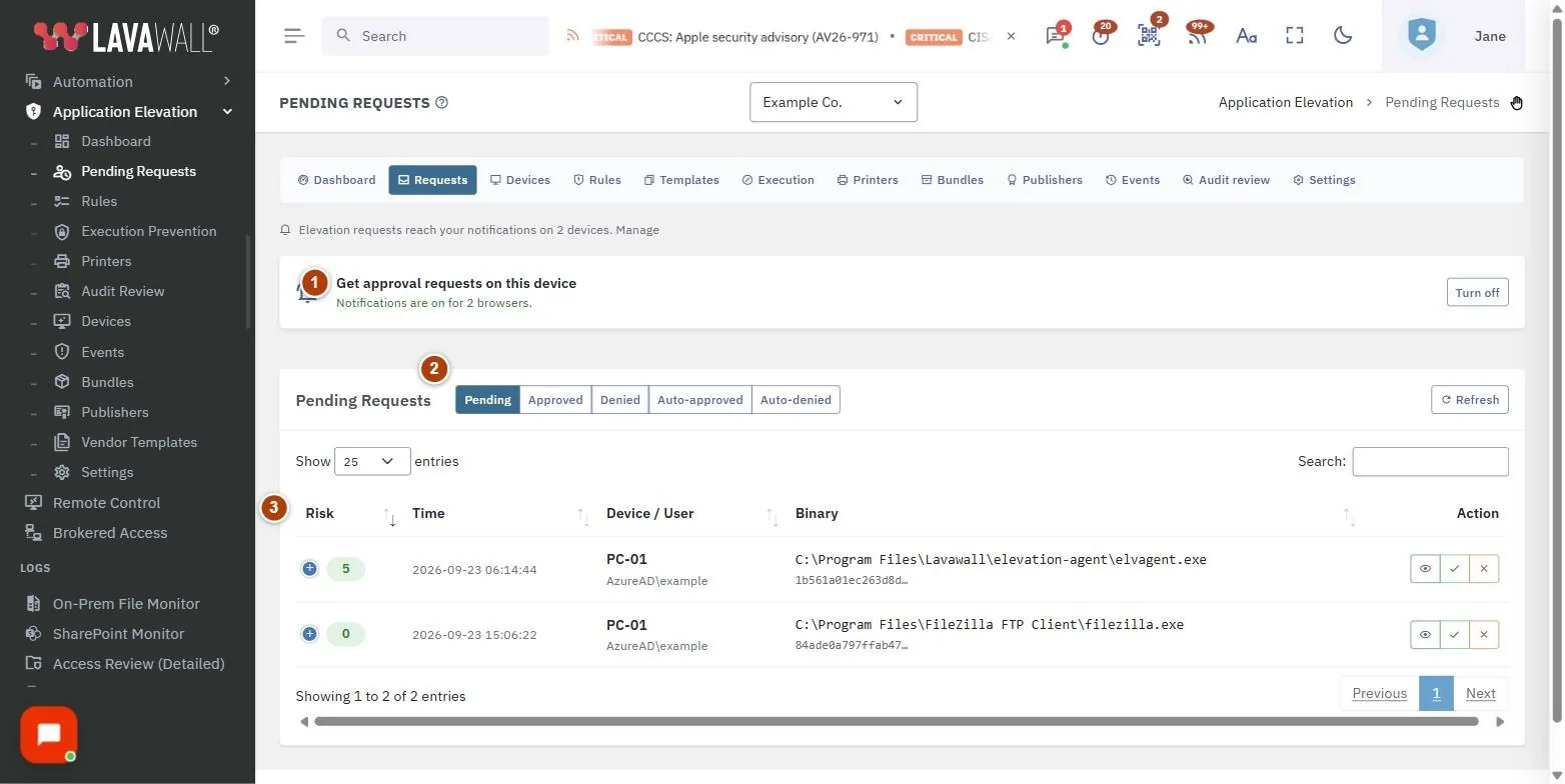 The Pending Elevation Requests page, with the technician approval card, status filter, requests table, action buttons and approve / deny elevation request dialog numbered 1 to 5.
