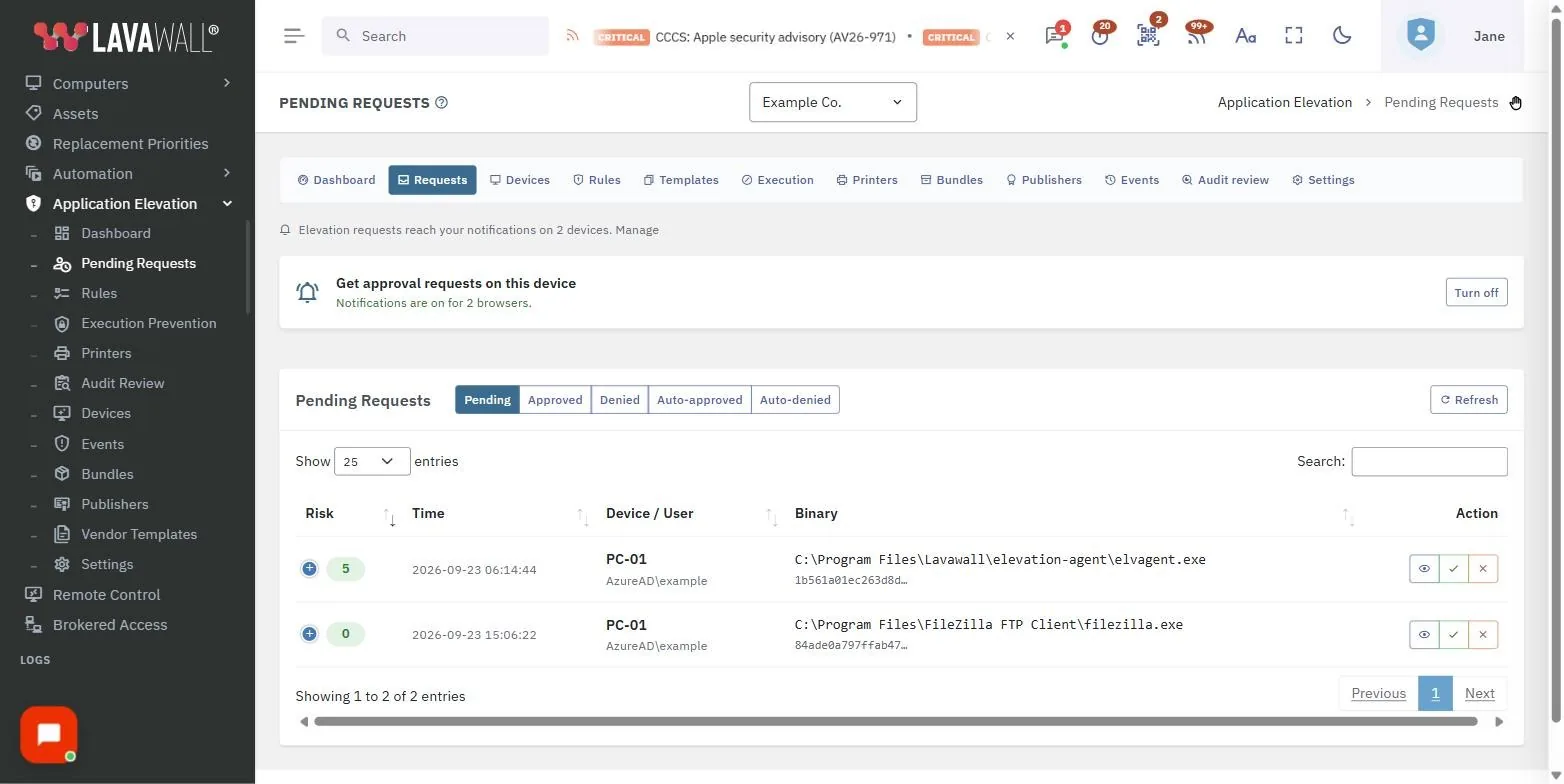 The Pending Elevation Requests page in the Lavawall console, showing the technician approval card, status filter, requests table and action buttons, with example data.