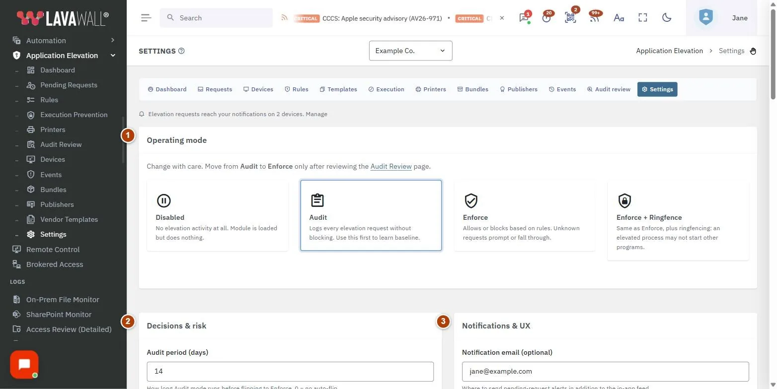 The Elevation Settings page, with the operating mode, decisions & risk, notifications & ux, when somebody asks for elevation, save changes and danger zone numbered 1 to 6.