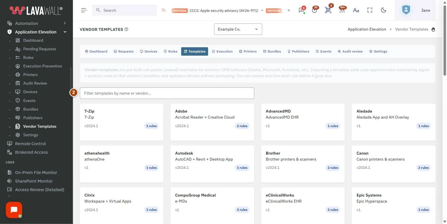The Elevation Vendor Templates page, with the about vendor templates, filter templates, template cards and template dialog numbered 1 to 4.