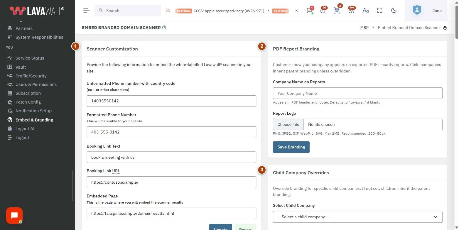 The Embed Branded Domain Scanner page, with the scanner customization, pdf report branding, chat, embed code and allowed domains and embed the scanner in your website numbered 1 to 5.