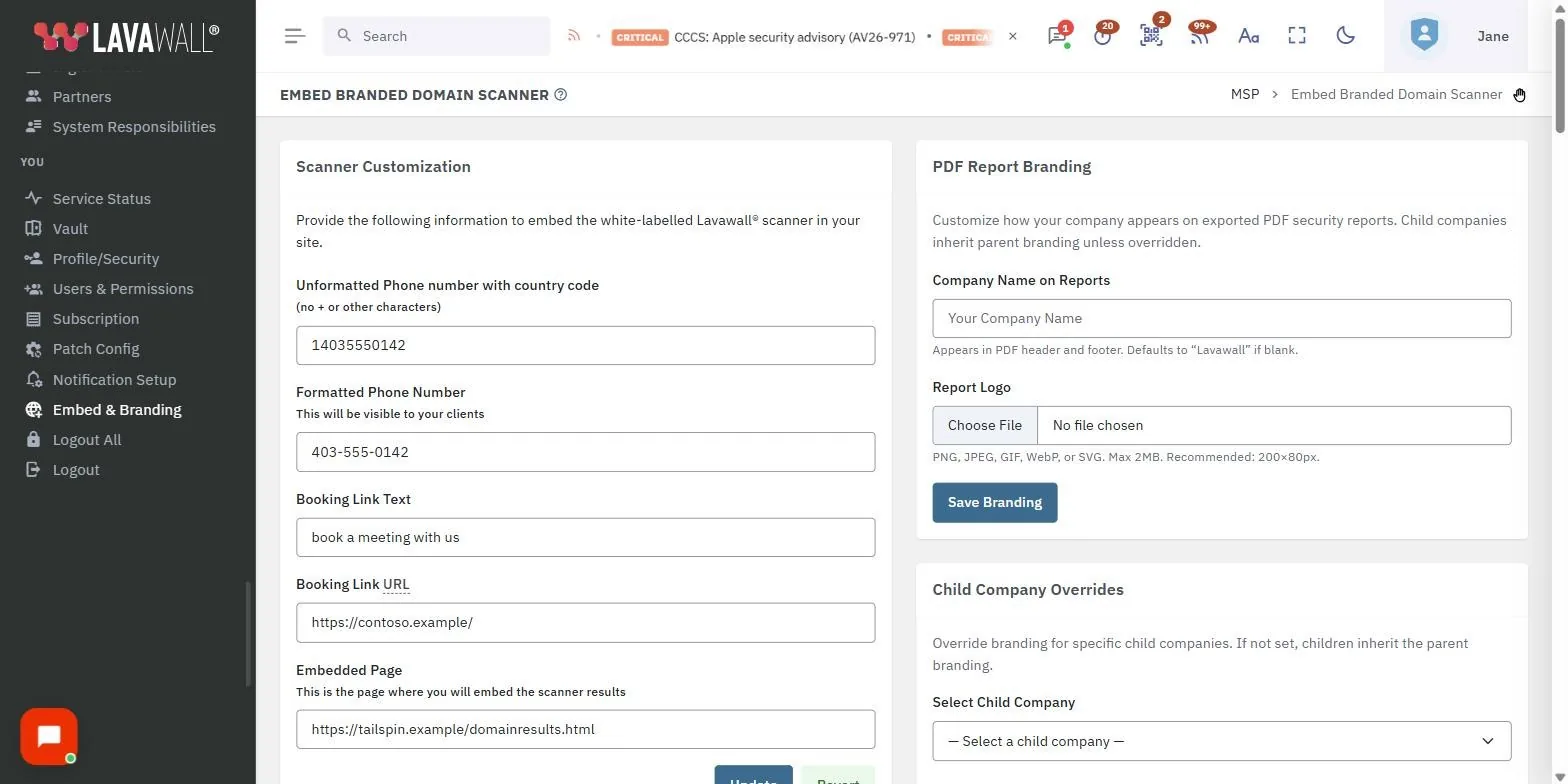 The Embed Branded Domain Scanner page in the Lavawall console, showing the scanner customization, pdf report branding, chat and embed code and allowed domains, with example data.