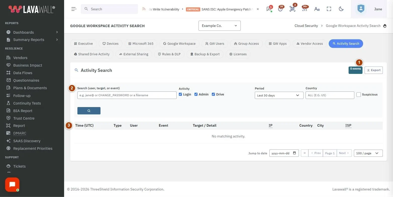 The Google Workspace Activity Search page, with the activity search header, filters, results table and paging numbered 1 to 4.