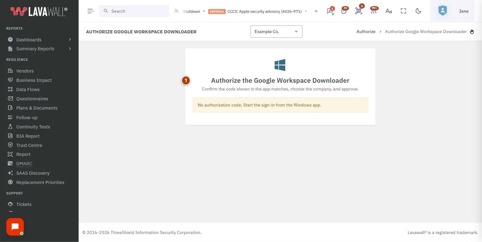 The Authorize the Google Workspace Downloader page, with the authorize the google workspace downloader, code from the app, company to export and approve & sign in the app numbered 1 to 4.