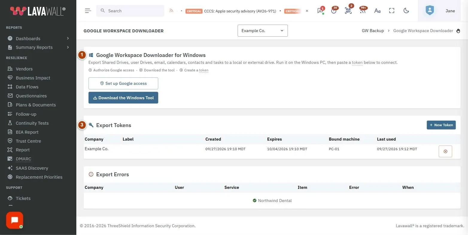 The Google Workspace Export page, with the google workspace downloader for windows, export progress, export tokens and export errors numbered 1 to 4.