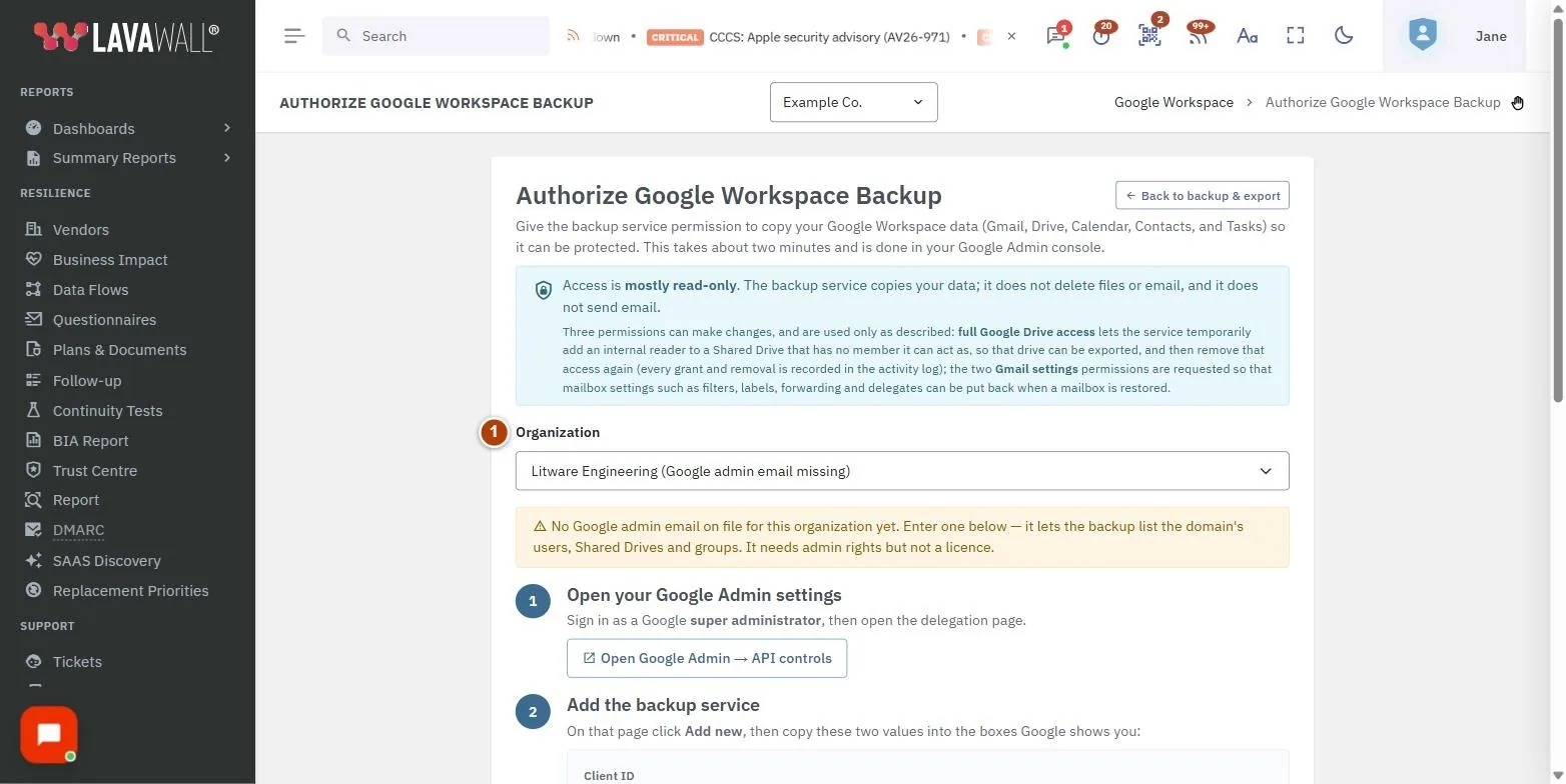 The Authorize Google Workspace Backup page, with the organization, step 1: open your google admin settings, step 2: add the backup service, step 3: confirm it worked, results and advanced: use a dedicated key for this organization numbered 1 to 6.
