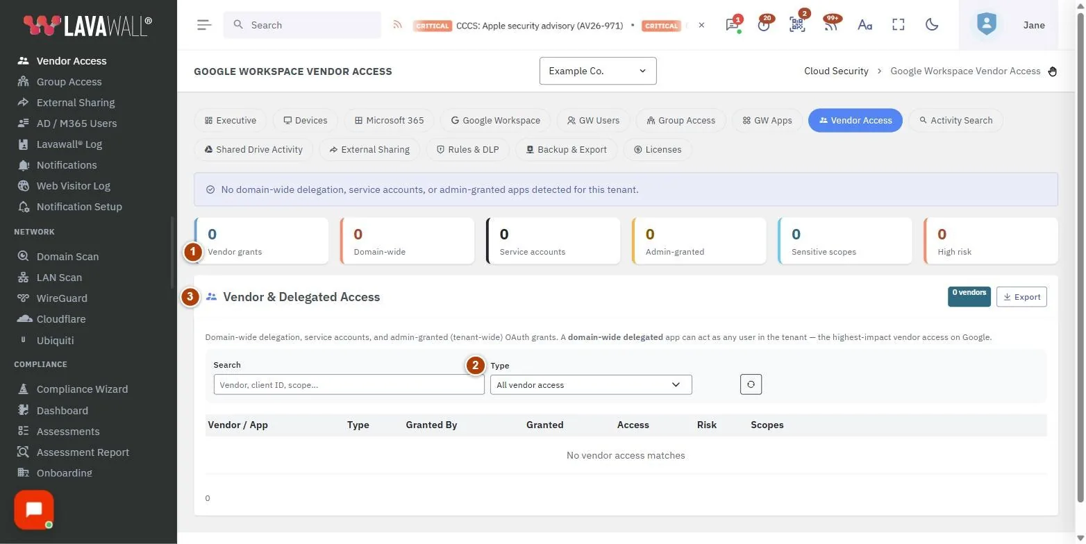 The Google Workspace Vendor Access page, with the summary tiles, filters and vendor & delegated access numbered 1 to 3.