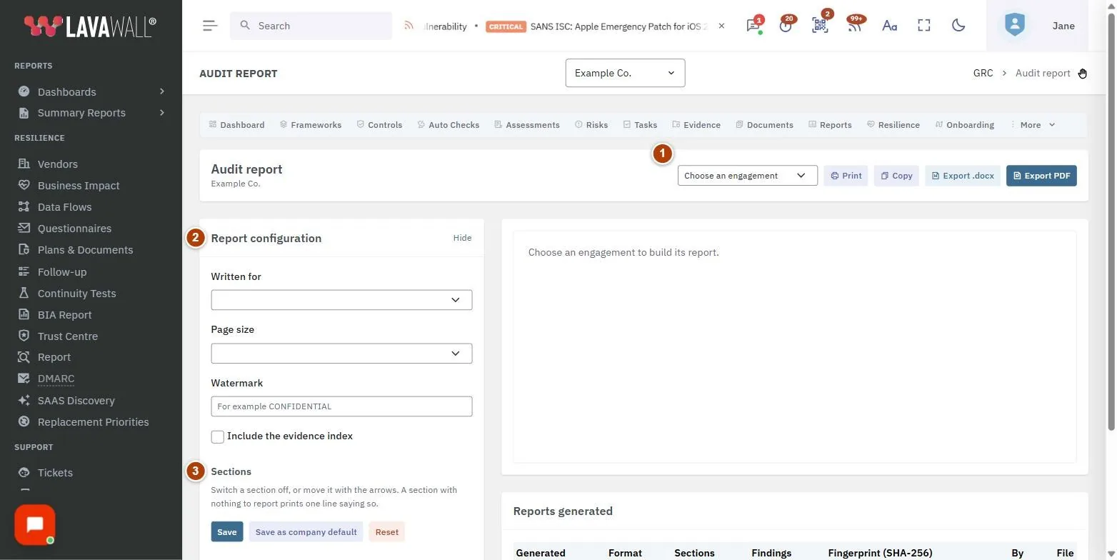 The Audit Report page, with the top bar, report configuration, sections, custom sections, preview and reports generated numbered 1 to 6.