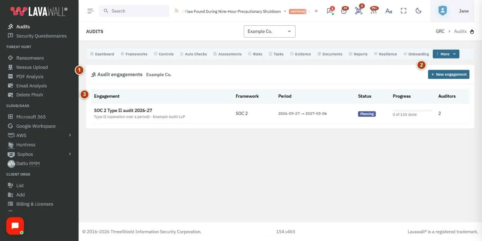 The Audits page, with the audit engagements, engagement header, tabs, requests, request dialog and external auditors numbered 1 to 6.