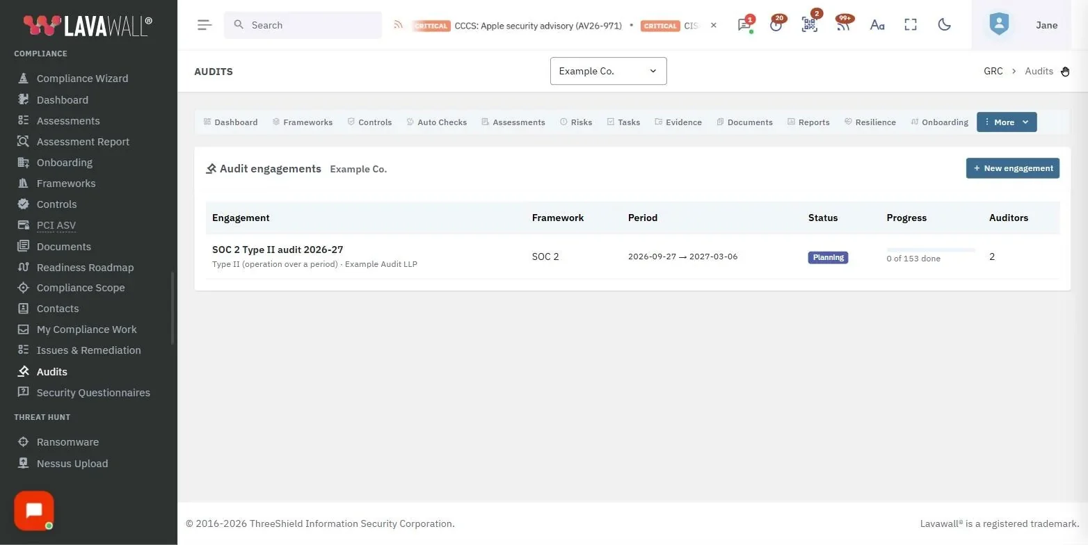 La page Audits de la console Lavawall, affichant les missions d’audit, l’en-tête de la mission, les onglets et les demandes, avec des données d’exemple.