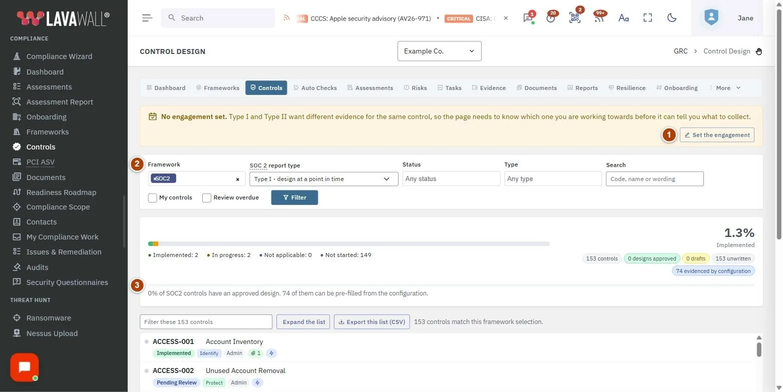 The Controls (Control Design) page, with the engagement bar, filters, progress summary, list tools, bulk bar and control list numbered 1 to 6.