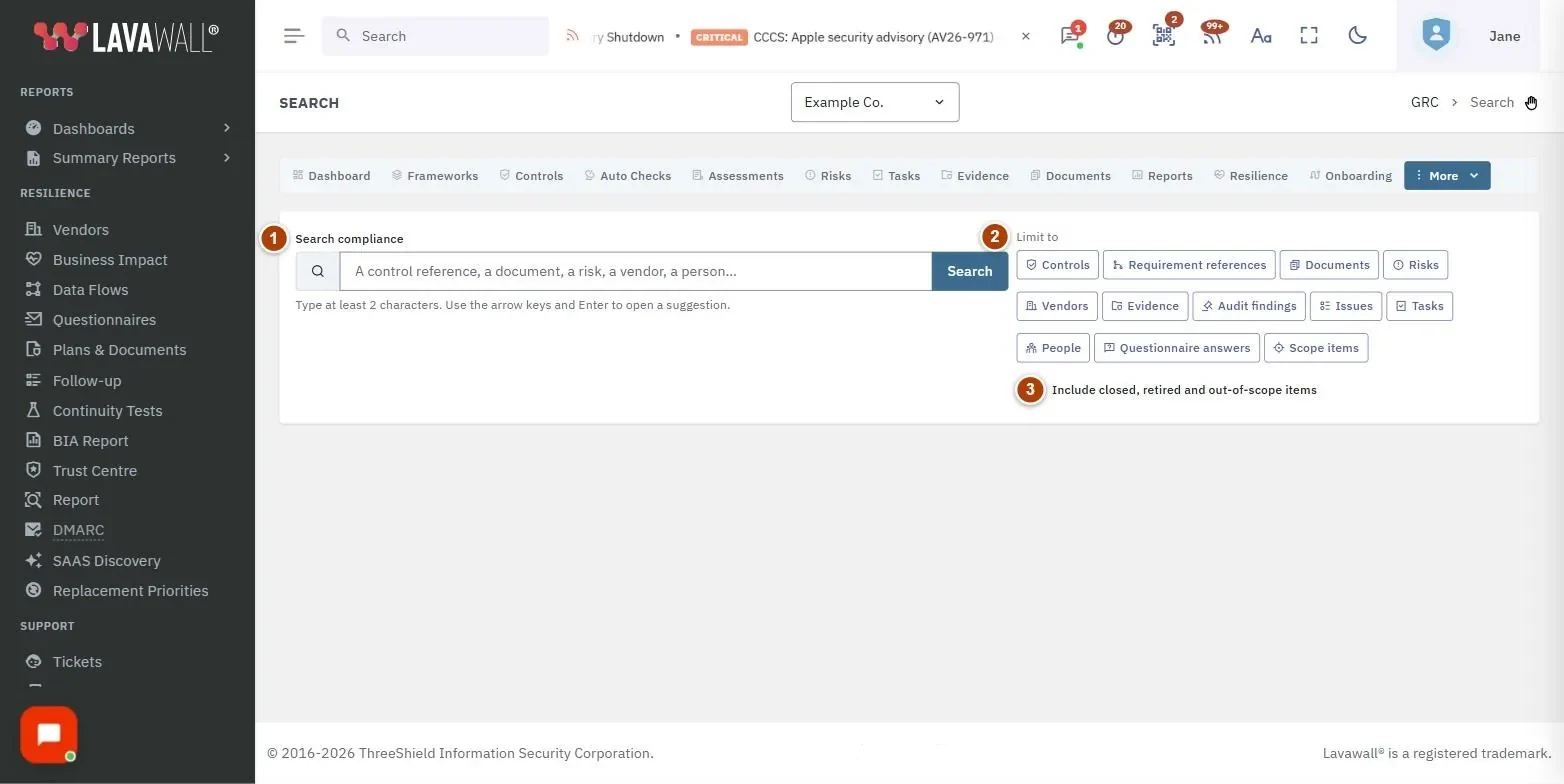 The Compliance Search page, with the search compliance, limit to, include closed, retired and out-of-scope items, summary line and results numbered 1 to 5.