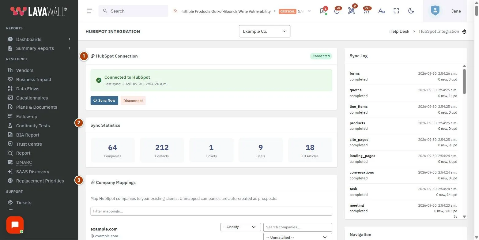 The HubSpot Integration page, with the hubspot connection, sync statistics, company mappings, sync log and navigation numbered 1 to 5.