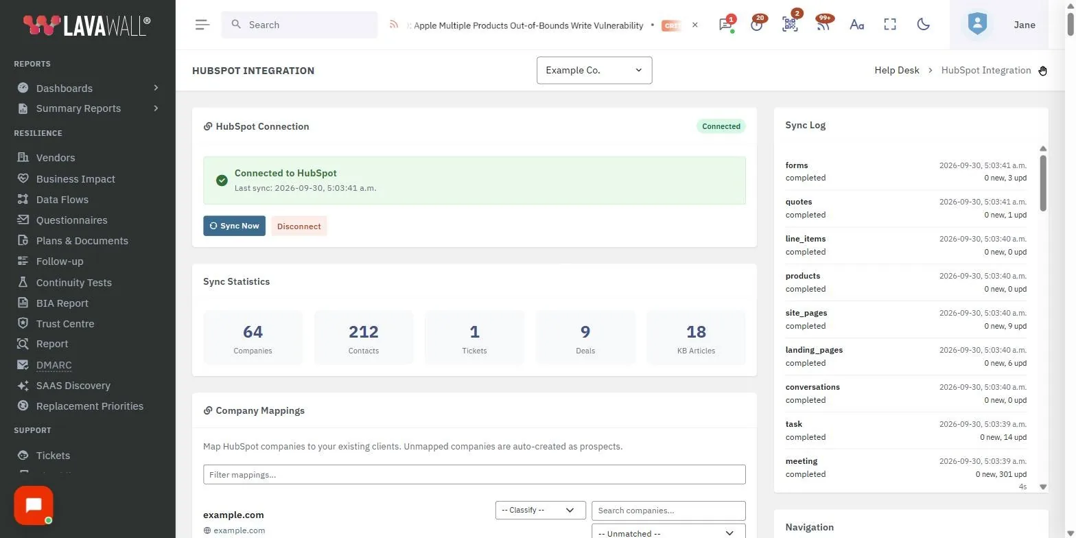 The HubSpot Integration page in the Lavawall console, showing the hubspot connection, sync statistics, company mappings and sync log, with example data.
