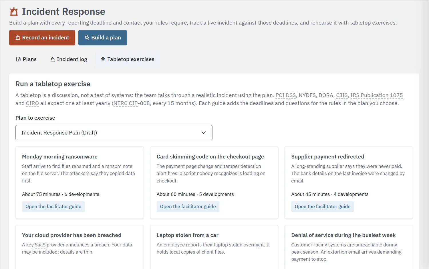 The Tabletop exercises tab with a Plan to exercise list and scenario cards: Monday morning ransomware, card skimming code on the checkout page, supplier payment redirected, a cloud provider breach, a stolen laptop, and a denial of service.