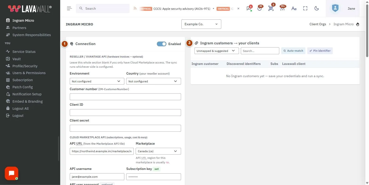 The Ingram Micro page, with the connection, sync status, ingram customers → your clients and mapping table numbered 1 to 4.