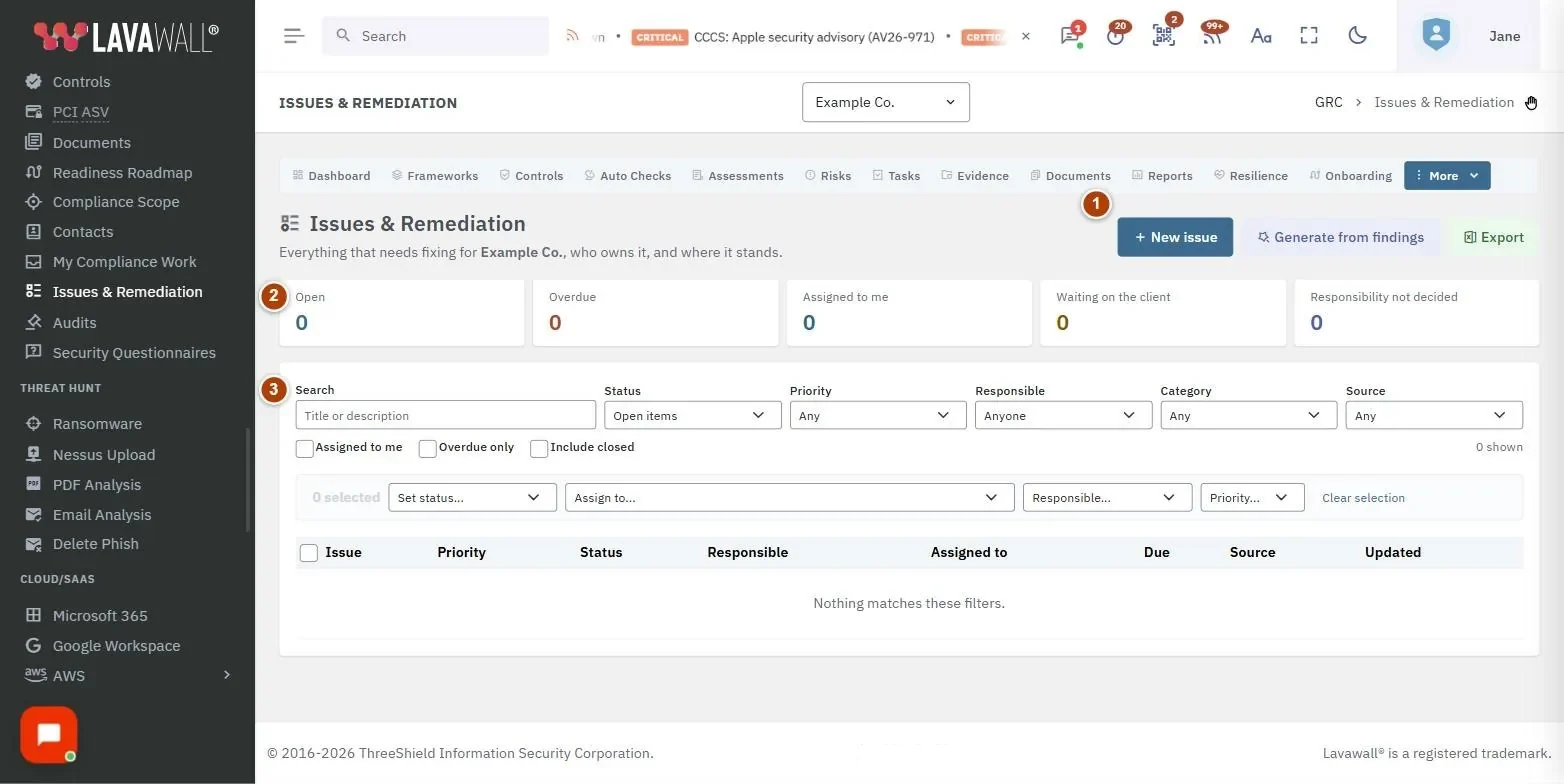 The Issues & Remediation page, with the header actions, summary cards, filters, bulk actions, issues table and issue dialog numbered 1 to 6.