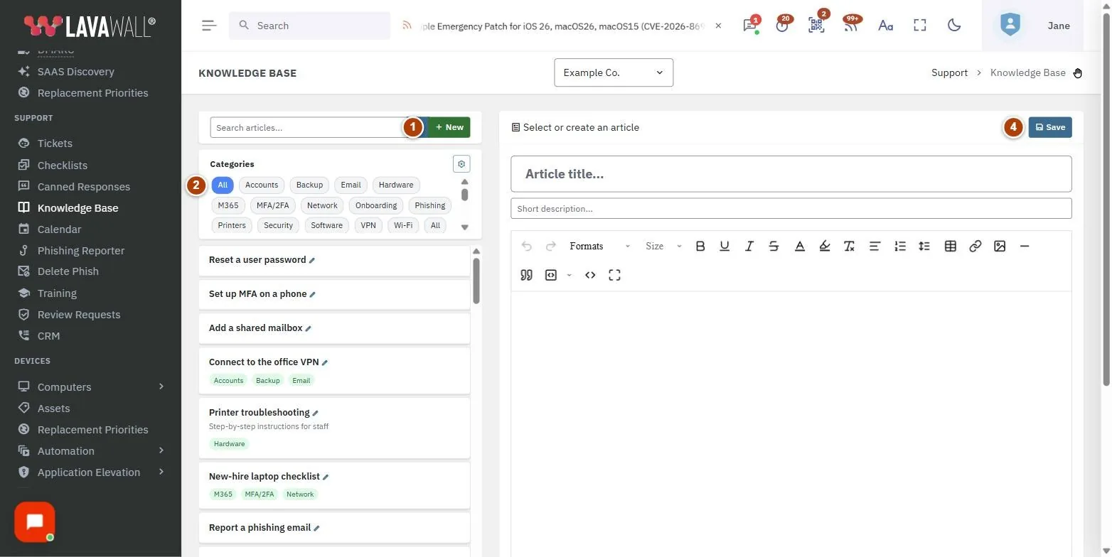 The Knowledge Base page, with the search and new, categories, article list, editor and categories and keywords numbered 1 to 5.