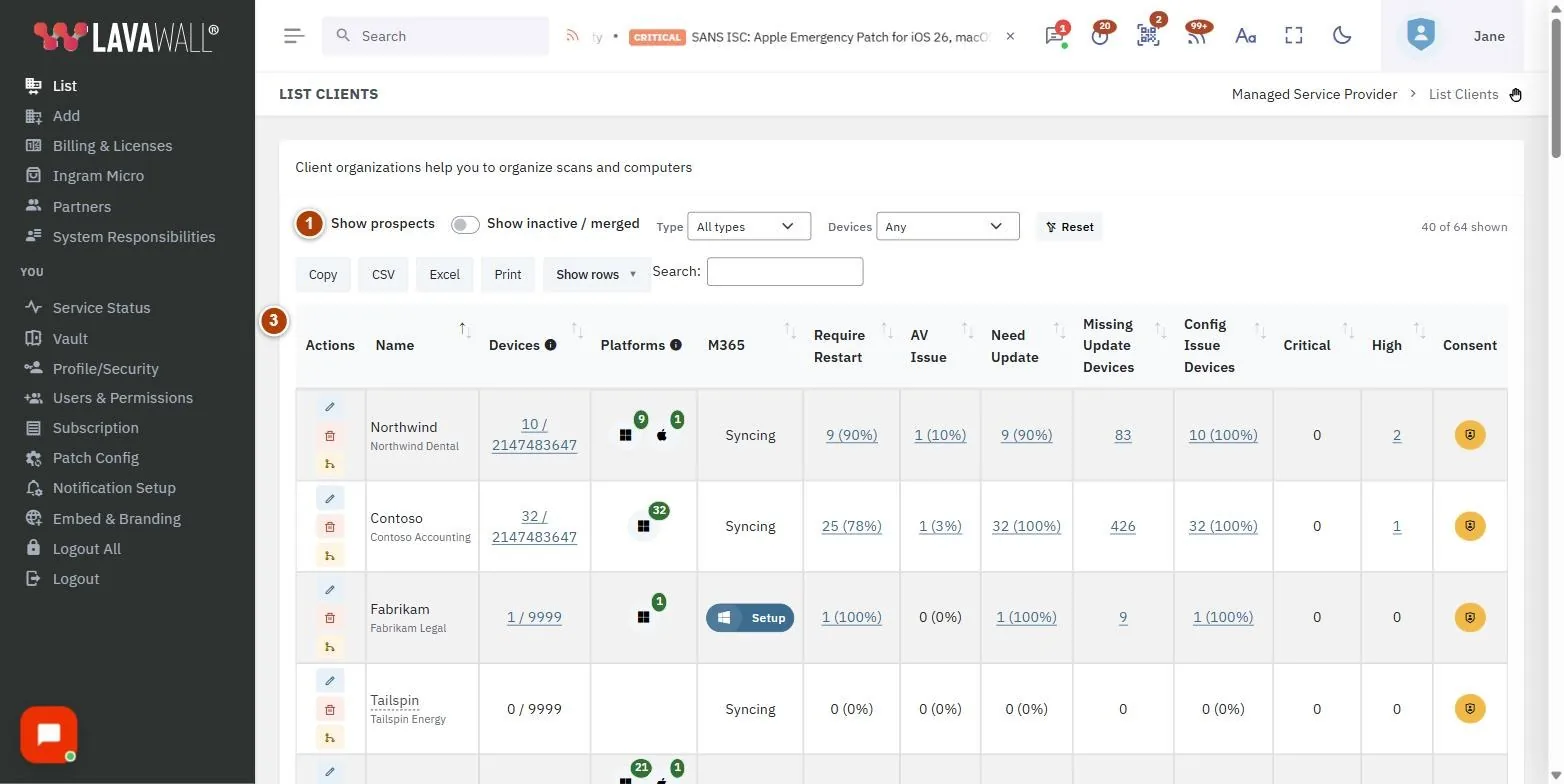 The List Clients page, with the filters, actions, client table, consent and edit organization numbered 1 to 5.