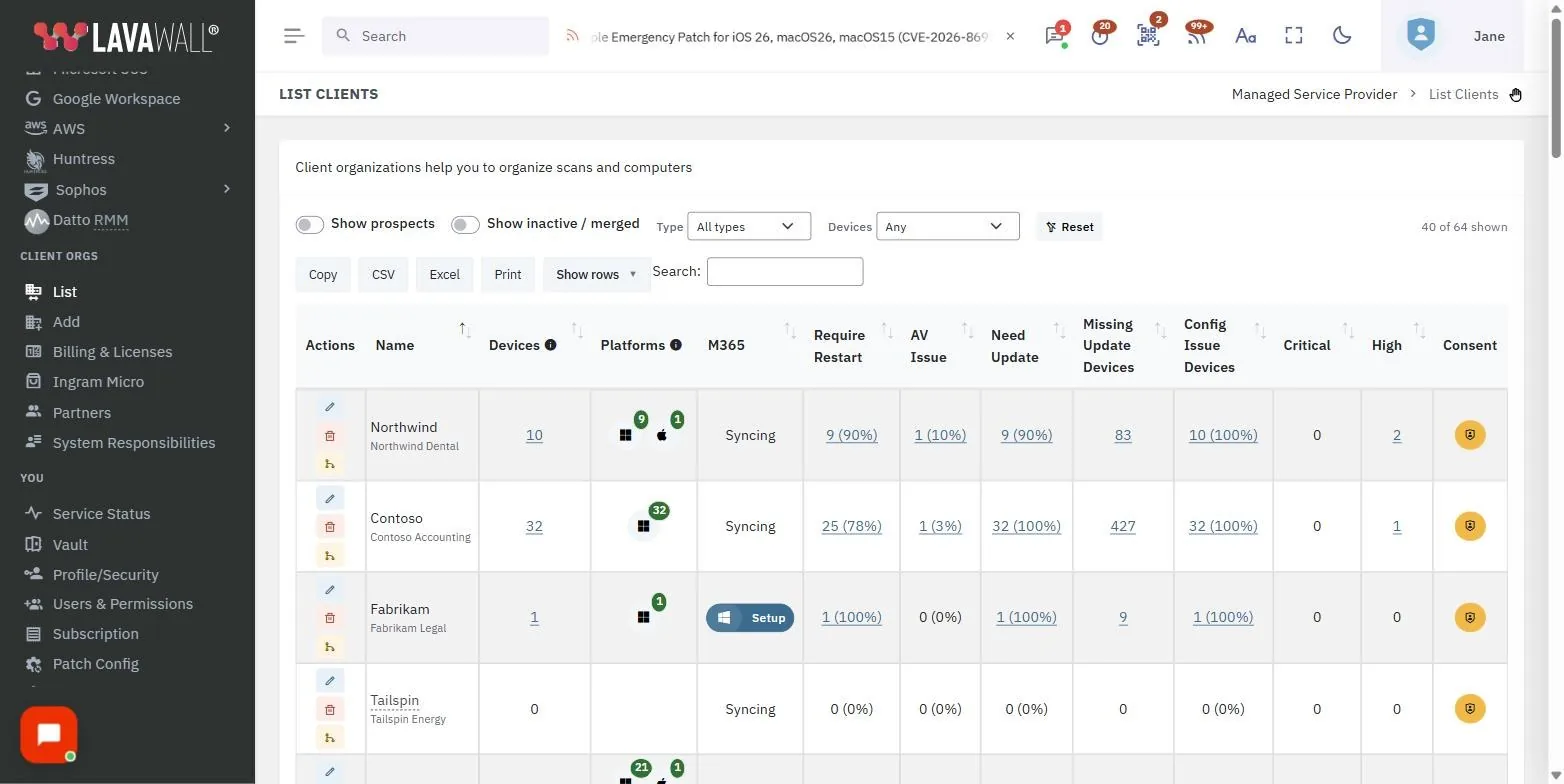 The List Clients page in the Lavawall console, showing the filters, actions, client table and consent, with example data.