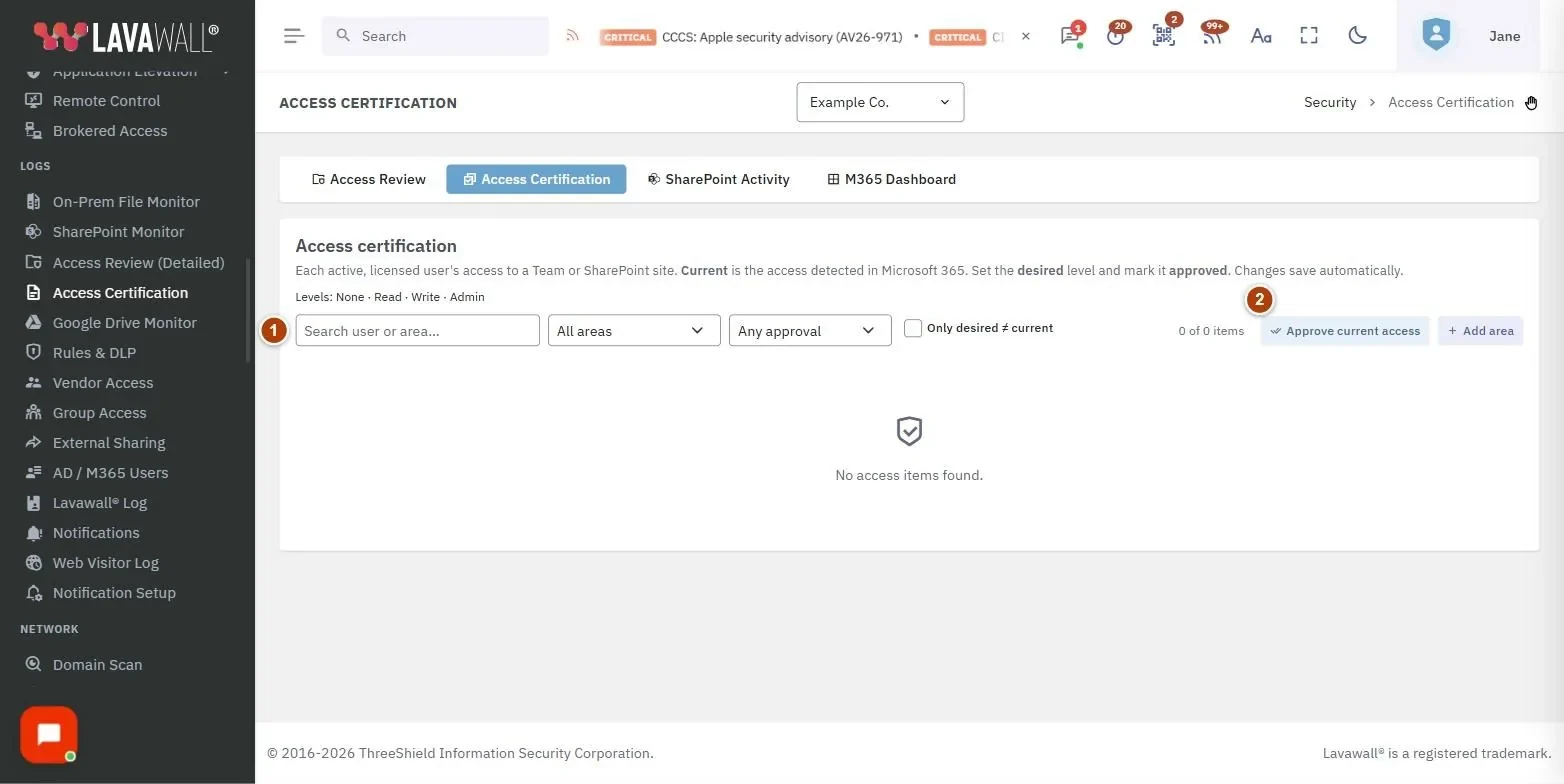 The Access Certification page, with the toolbar, item count and actions and certification table numbered 1 to 3.