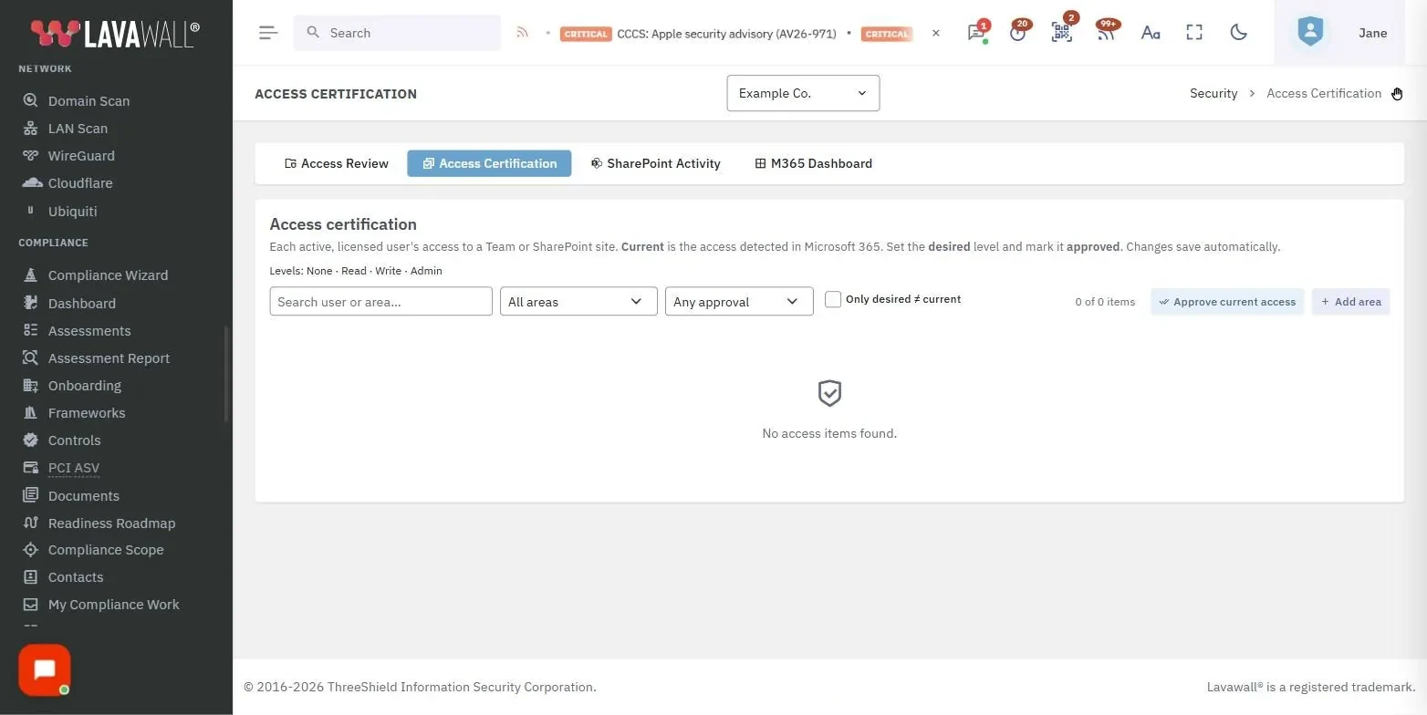 The Access Certification page in the Lavawall console, showing the toolbar, item count and actions and certification table, with example data.