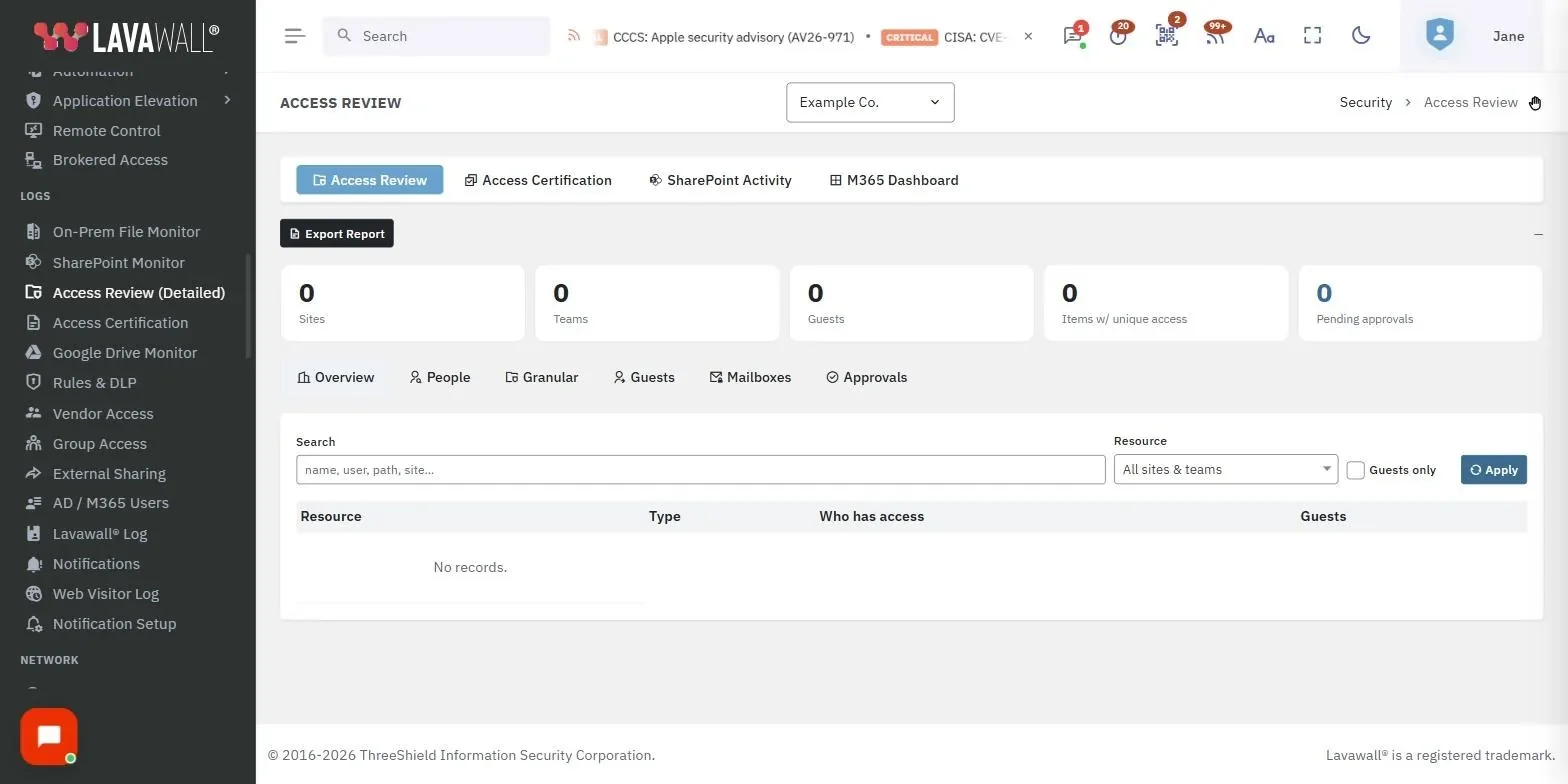 The Access Review page in the Lavawall console, showing the export report, summary tiles, tabs and filters, with example data.