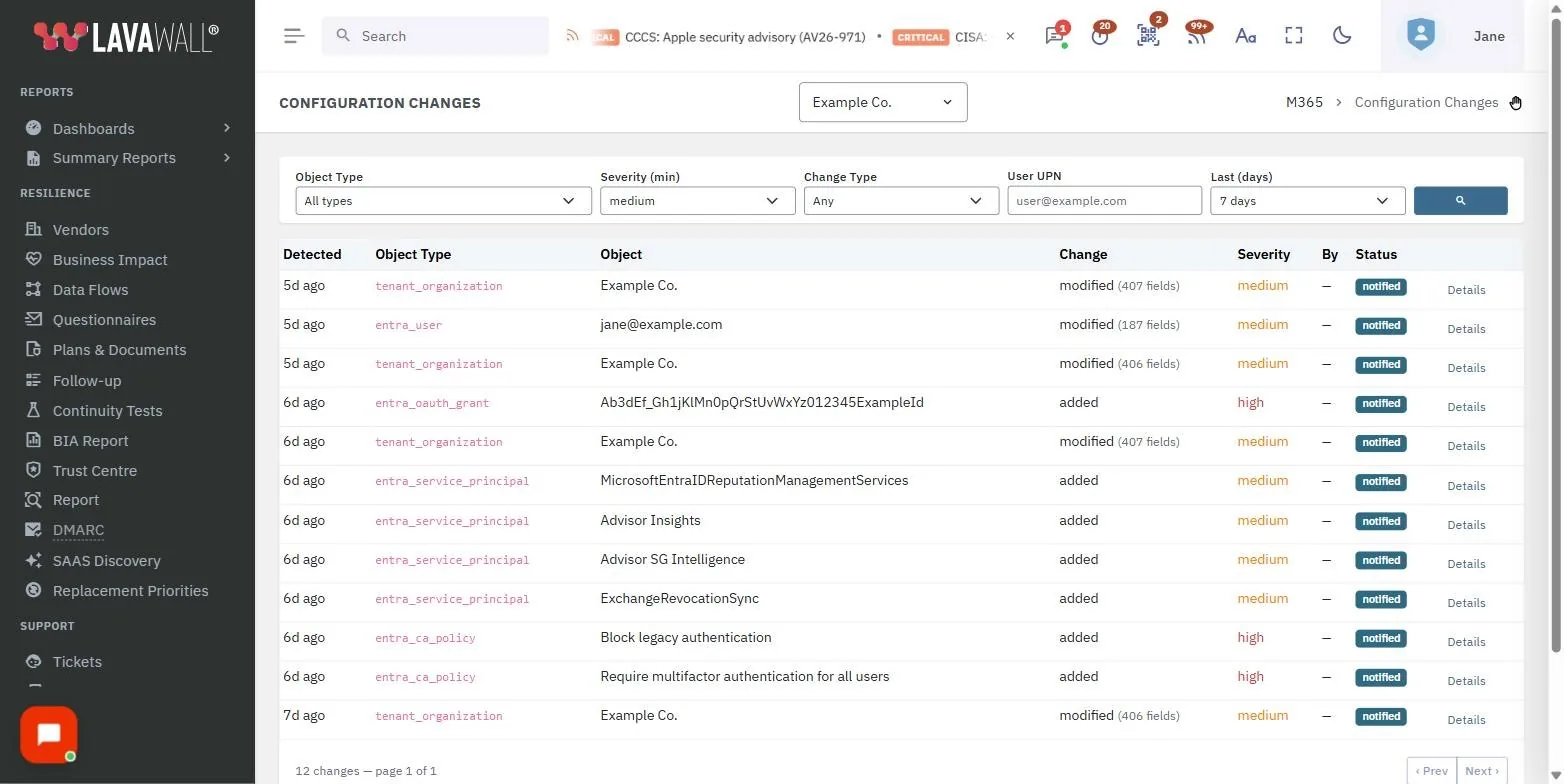 The Configuration Changes page in the Lavawall console, showing the filters, changes table, pager and change details, with example data.