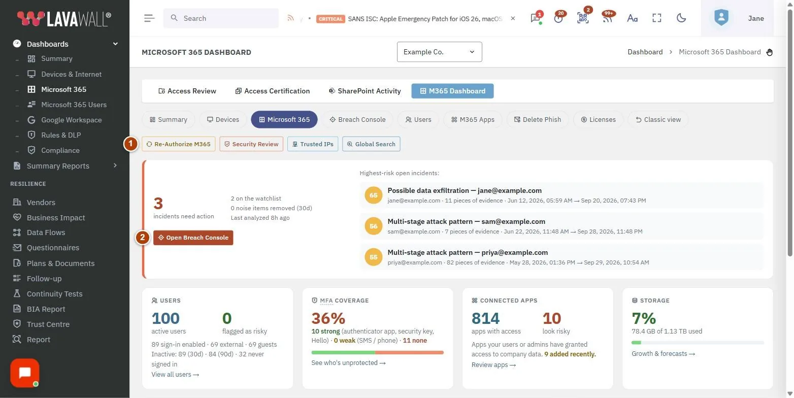 The Microsoft 365 page, with the toolbar, incident strip, users, mfa coverage, connected apps, storage, monitoring capabilities, security configuration score and security posture & settings numbered 1 to 9.