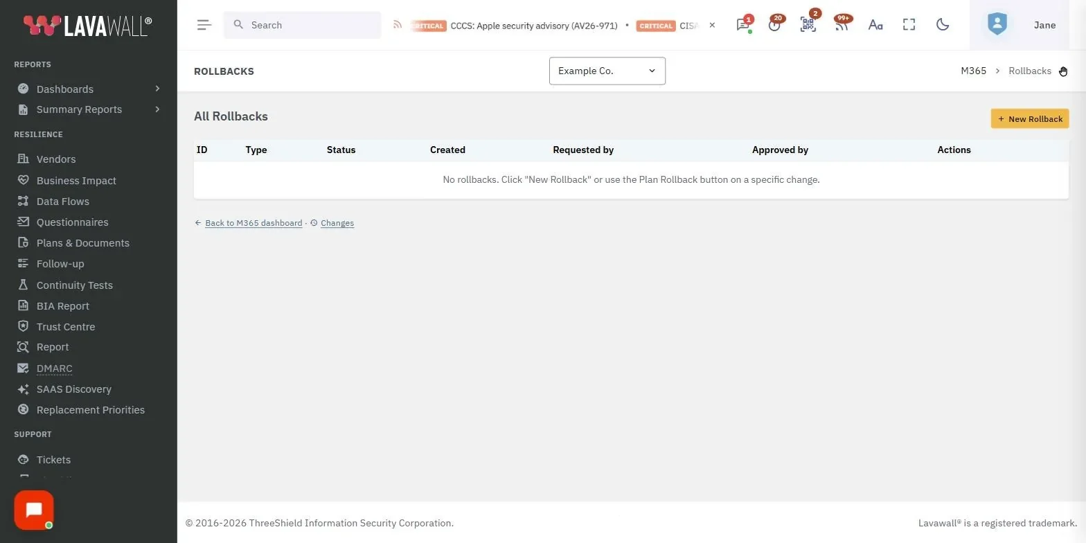 The Rollbacks page in the Lavawall console, showing the all rollbacks, rollbacks table, rollback detail and new rollback, with example data.