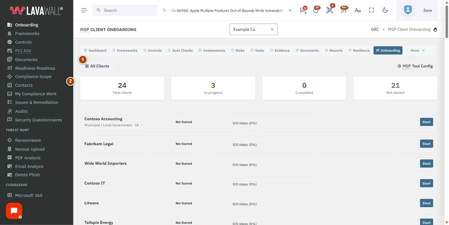 The MSP Client Onboarding page, with the tabs, summary cards, client list, client view and msp default tool stack numbered 1 to 5.
