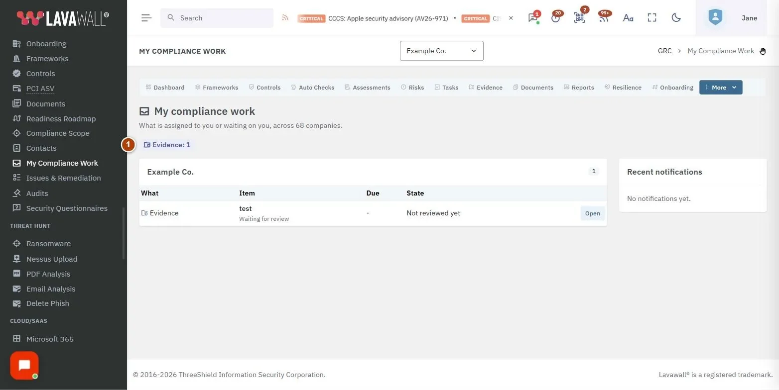 The My Compliance Work page, with the summary badges, mentions, work by company and recent notifications numbered 1 to 4.