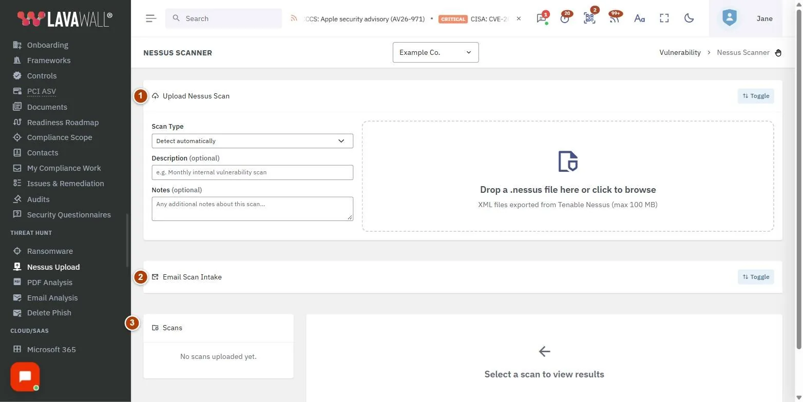 The Nessus Scanner page, with the upload nessus scan, email scan intake, scans, by device / by vulnerability tabs and details numbered 1 to 5.