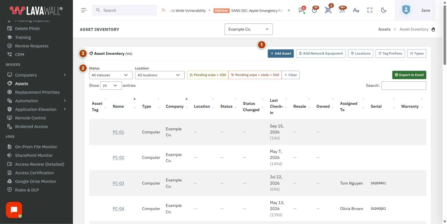The Assets page, with the toolbar, filters and reports, asset inventory table and add asset numbered 1 to 4.