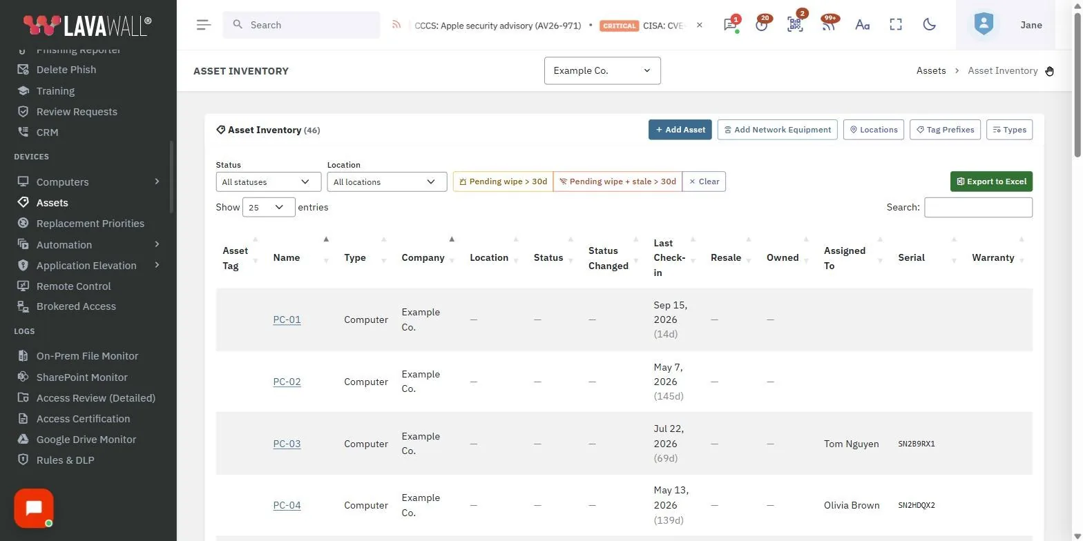 The Assets page in the Lavawall console, showing the toolbar, filters and reports, asset inventory table and add asset, with example data.
